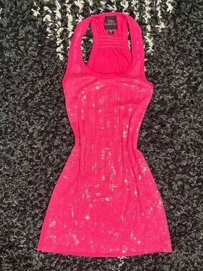 2b Bebe Sparkly Hot Pink Sequin Micro Mini Tunic Cami Shirt Size XS